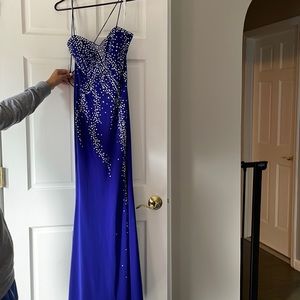 Prom dress or evening gown Gorgeous blue with rhinestones, slit, front open back